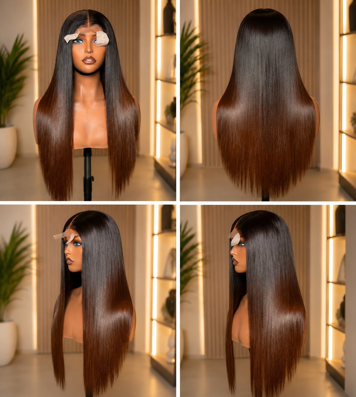 Luxury bone straight  Raw human hair wig 350g, 2×6 closure  Color- Ombre brown — Front view