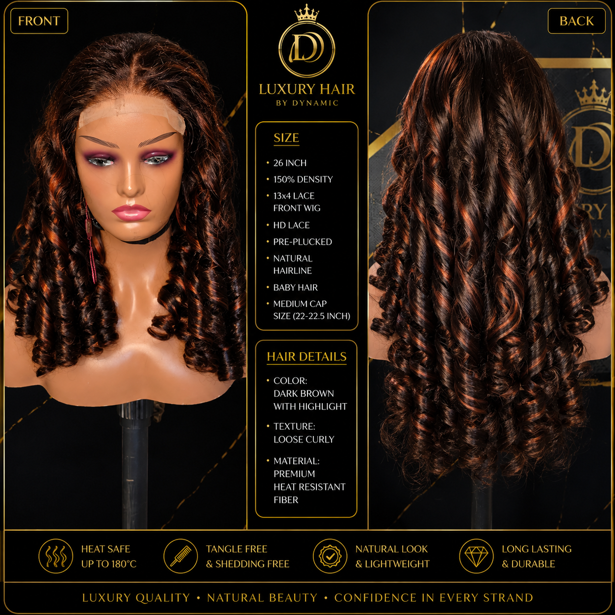 Quality hair wig speak with classic,  bounce curly human hair wig, 22inch, 350g, with 5×5 Closure — Front view