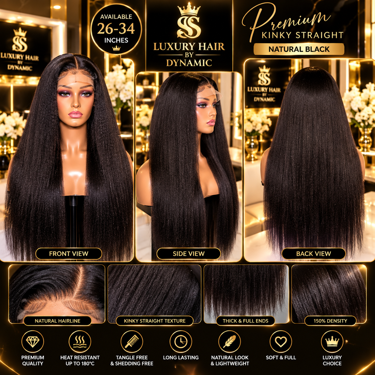 Kinky straight human hair wig, 28inch  250g — Front view